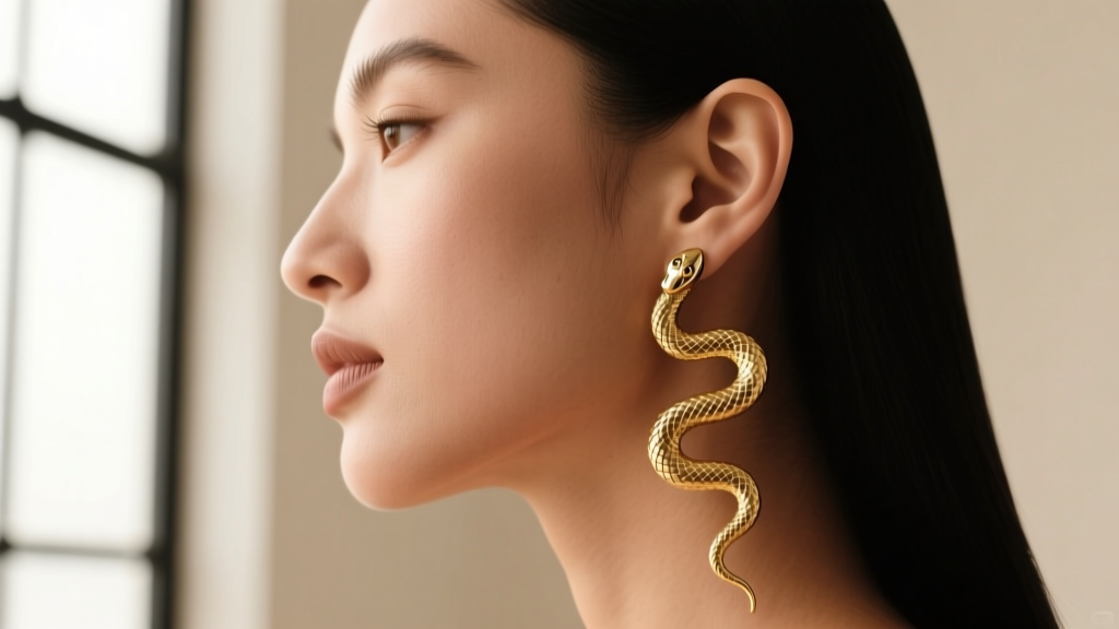 Side profile of a woman wearing scaled-down gold cobra huggie earrings, showing how the curved design flatters a soft jawline
