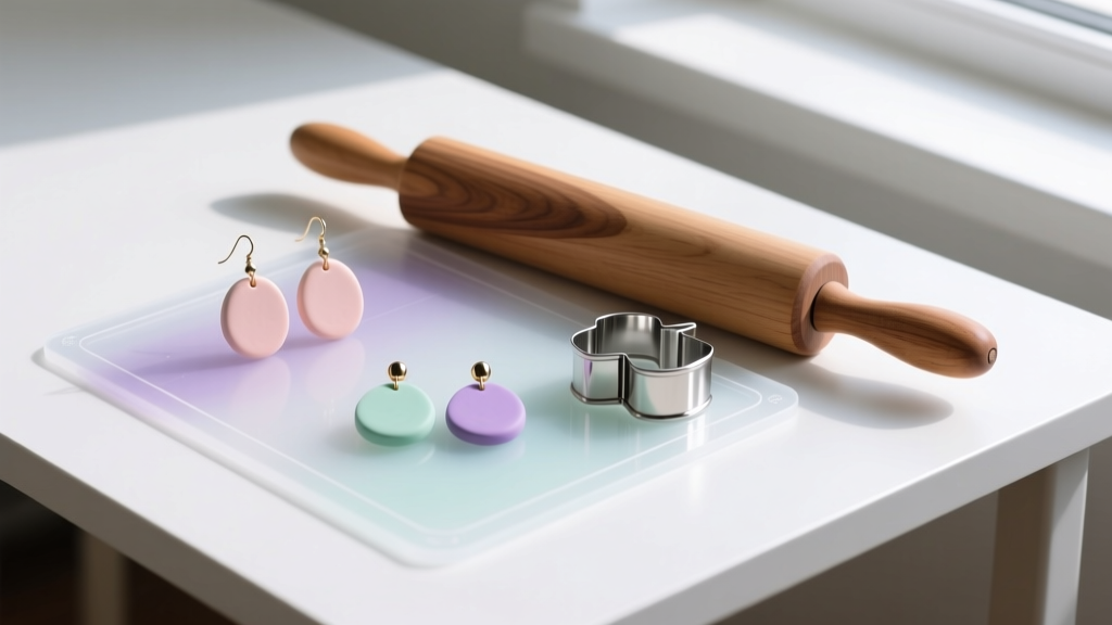 Flat lay of pastel air dry clay earrings, a wooden rolling pin, metal cutters, and a silicone craft mat on a bright white desk.