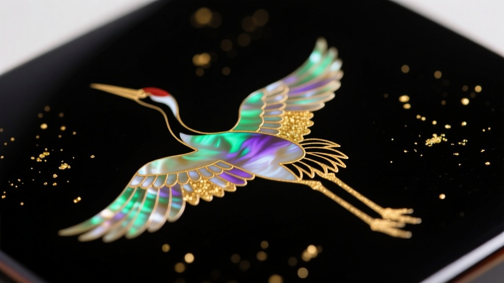 Macro shot of raden mother-of-pearl crane inlay on dark urushi lacquer, highlighting iridescent shell and fine gold dust details