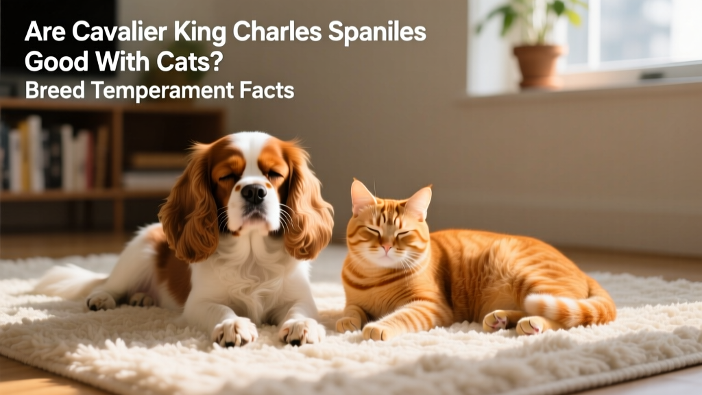 A Cavalier King Charles Spaniel and an orange cat resting side by side on a cozy rug, both relaxed and content