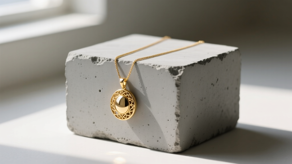Sealed concrete block used as a minimalist DIY jewelry display, with a delicate gold pendant draped over the matte grey surface.