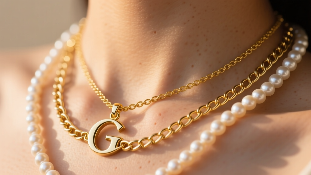 Close-up of a 16-inch gold chain with a serif letter G pendant layered with an 18-inch pearl strand against skin in soft daylight.