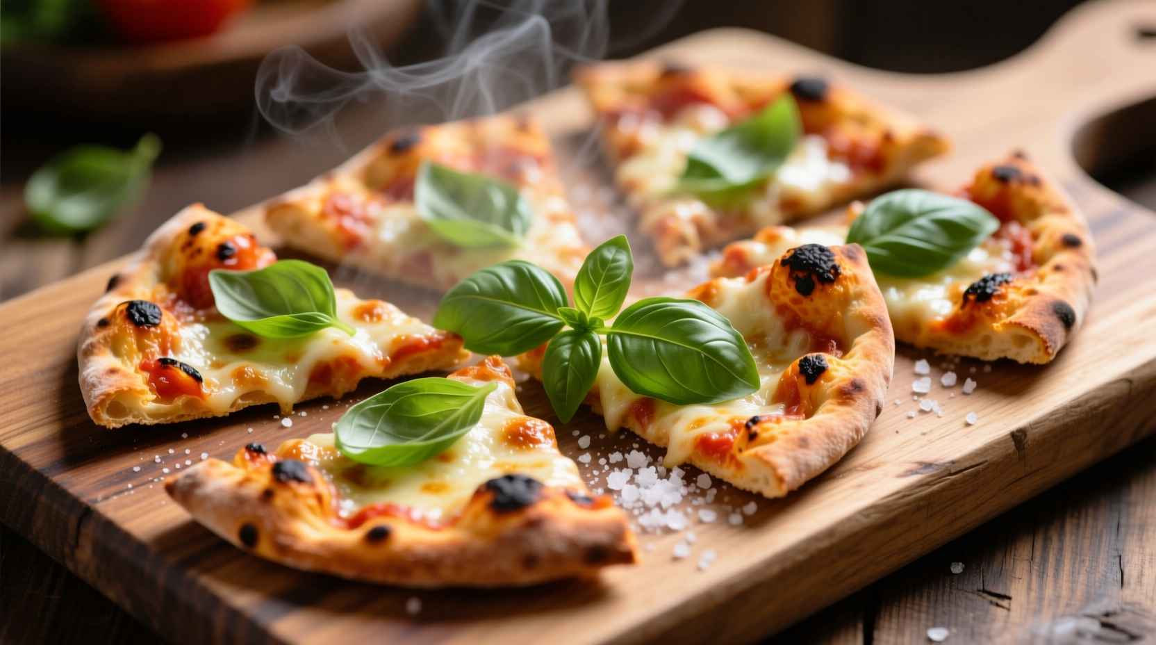 Tomato basil pizza crisps arranged on wooden board