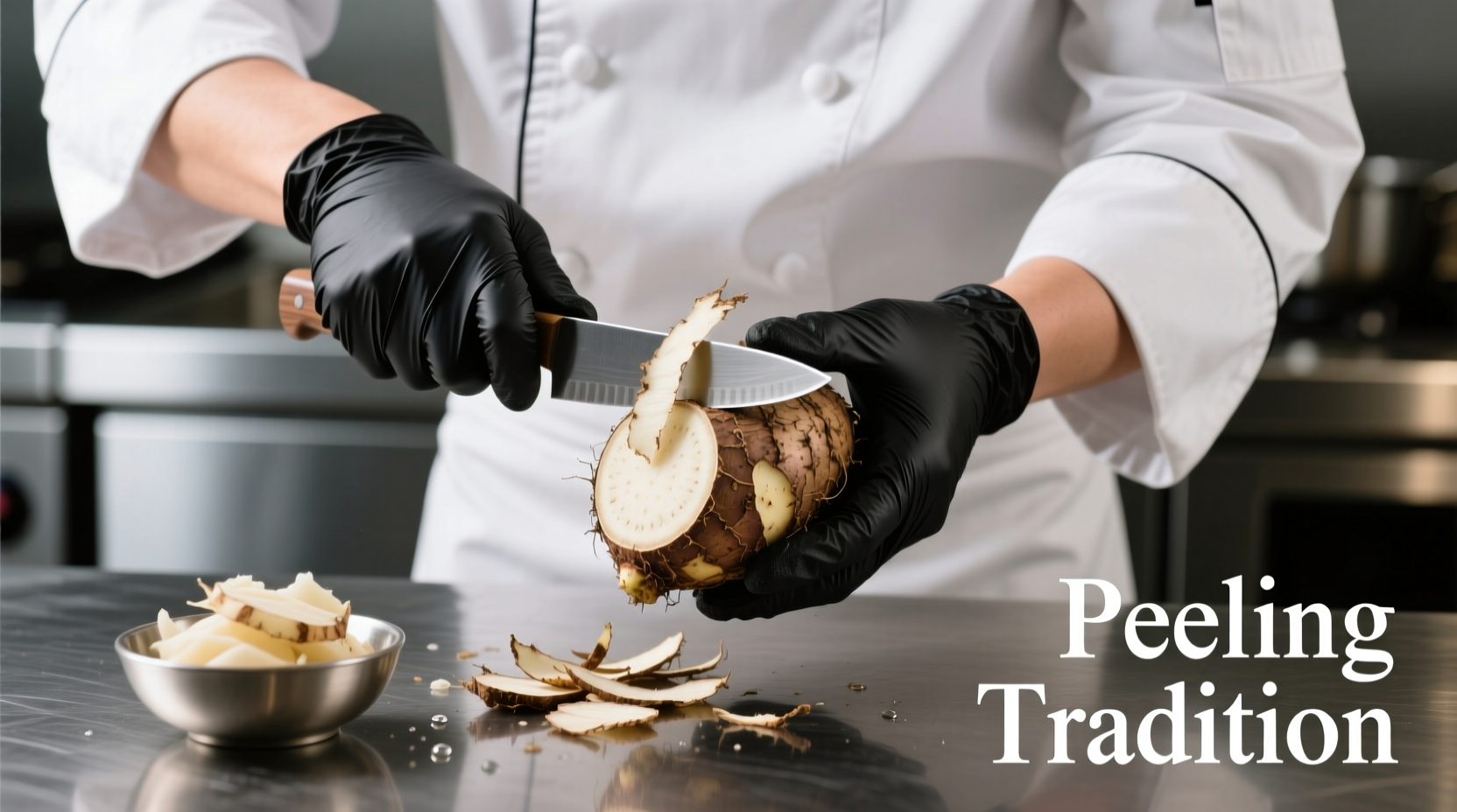 Chef wearing gloves while peeling taro root