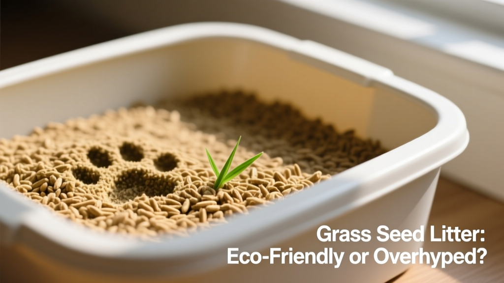 Close-up of grass seed cat litter in a clean litter box, showing its fine, golden-brown granular texture