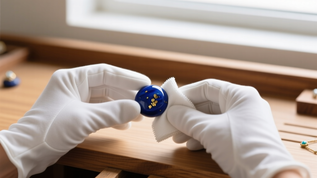 Hands in white cotton gloves gently wiping a lapis lazuli bead with a dry microfiber cloth on a clean wooden jeweler's bench.