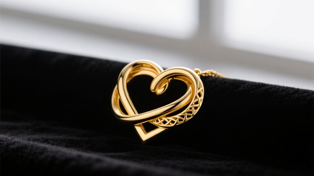 Close-up of a 14k yellow gold love knot pendant on dark velvet, soft studio lighting highlighting the polished metal curves.
