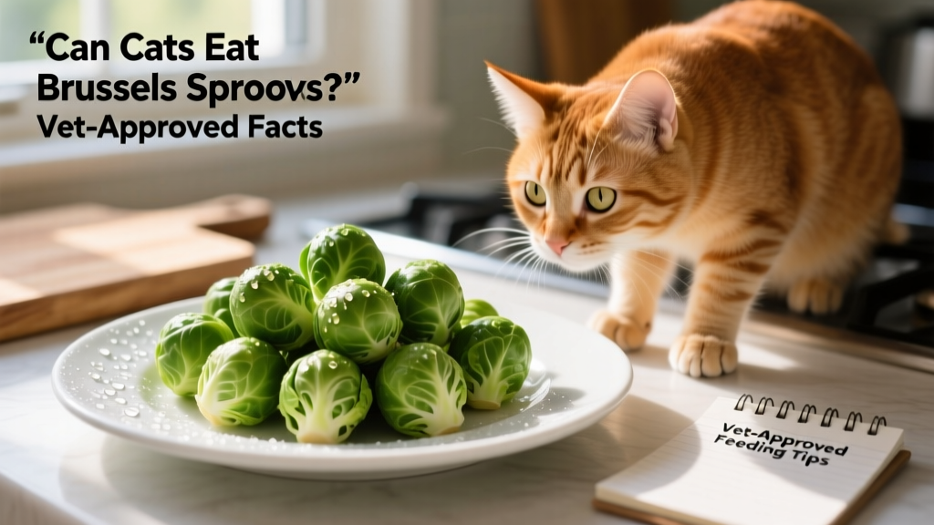 A close-up of fresh, green Brussels sprouts on a white plate next to a curious cat sitting nearby
