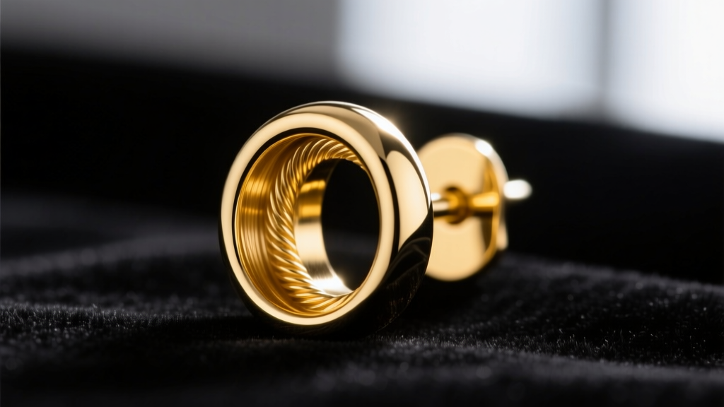 Macro shot of a 14k solid yellow gold internally threaded earring end, showing precise threading and high polish on black velvet