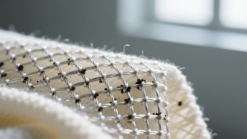 Macro photography showing the split-yarn weave of a 300 GSM microfiber cloth trapping microscopic tarnish particles from silver.