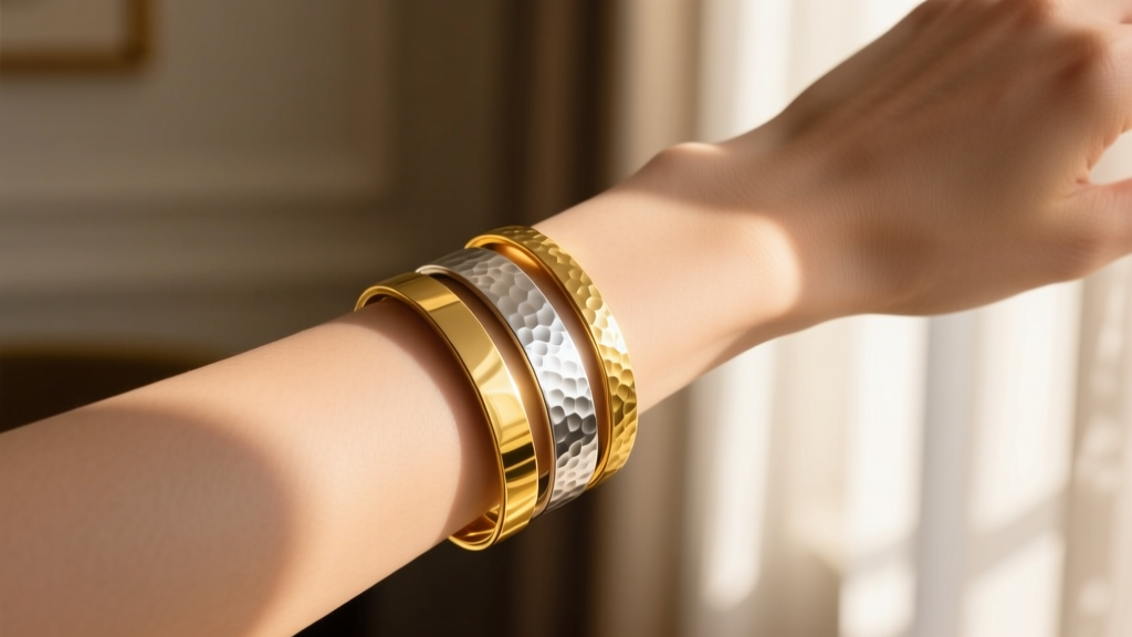Wrist stacked with a 14k yellow gold bangle and a hammered sterling silver cuff, photographed in warm natural afternoon sunlight