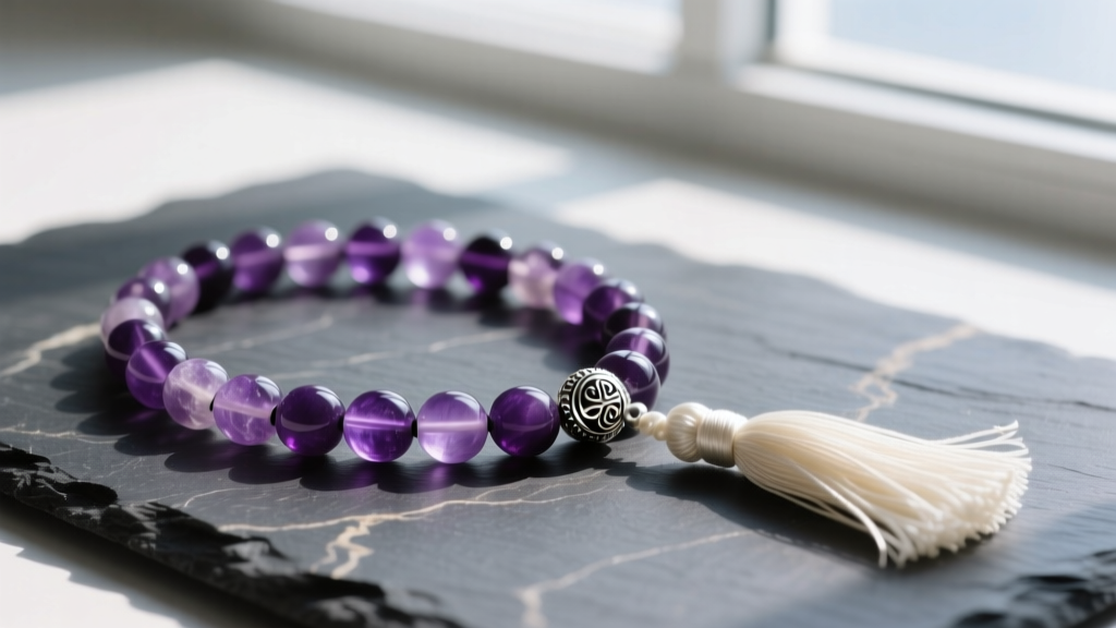 Flat lay of a gemstone mala necklace with polished amethyst beads, a silver guru bead, and a silk tassel on dark slate.