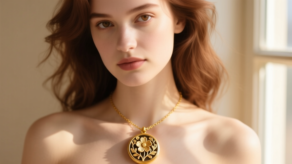 Close-up of a woman wearing a vintage-style gold locket necklace with intricate floral engravings, soft warm afternoon sunlight