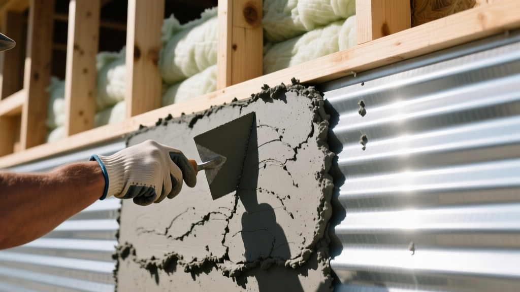 Mason applying a rough half-inch scratch coat of gray Type S mortar over galvanized metal lath on an exterior framed wall