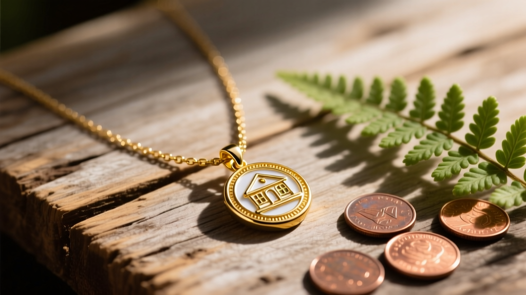 Gold enamel bathhouse necklace stardew pendant on rustic wood next to a small fern and copper coins in warm sunlight