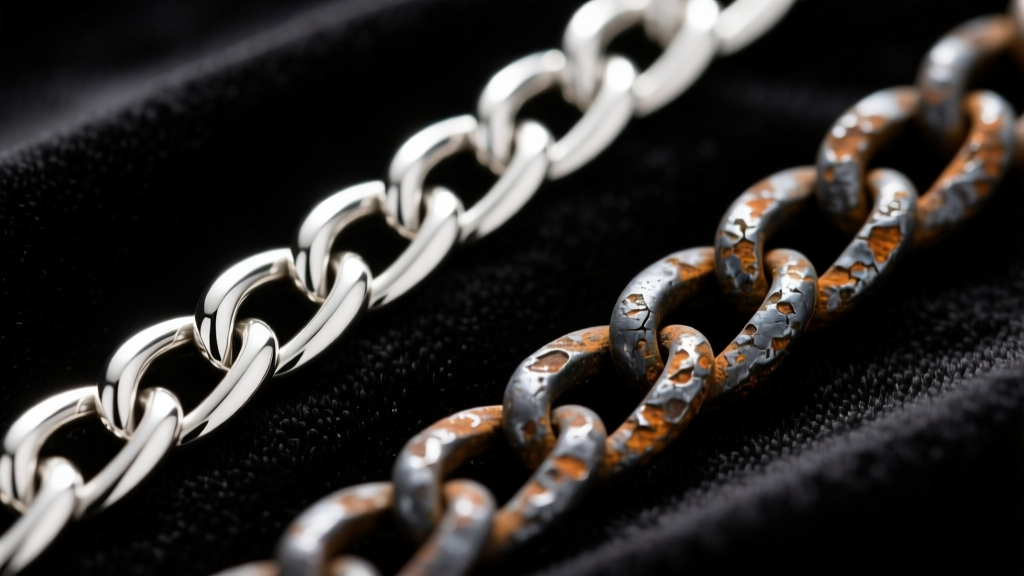 Side-by-side macro view of a polished 925 silver chain link and a heavily oxidized tarnished link resting on dark velvet fabric