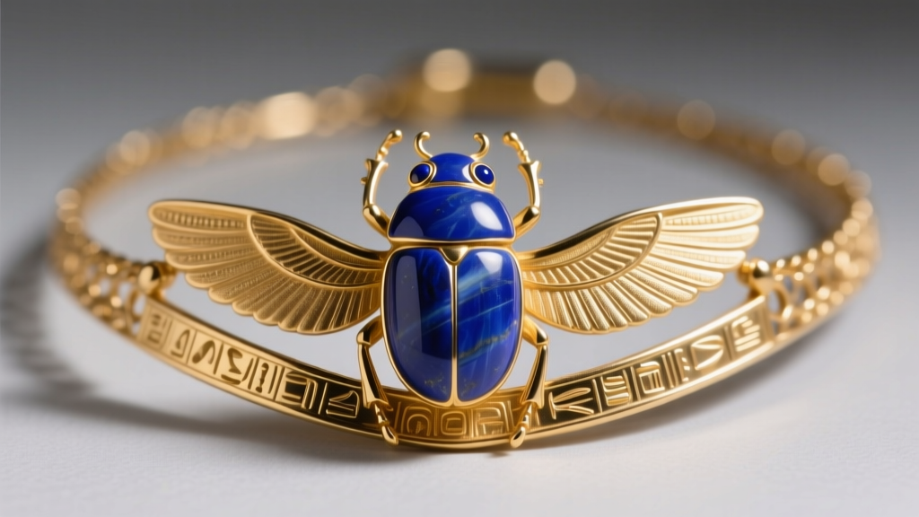 Close-up of an Egyptian necklace ancient motif replica with a carved lapis scarab in gold vermeil under soft studio lighting