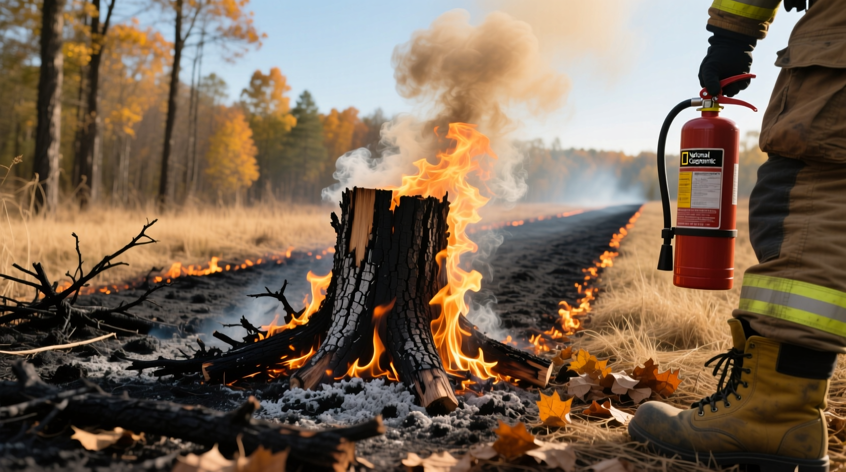 Safe controlled burning of tree stump with firebreak
