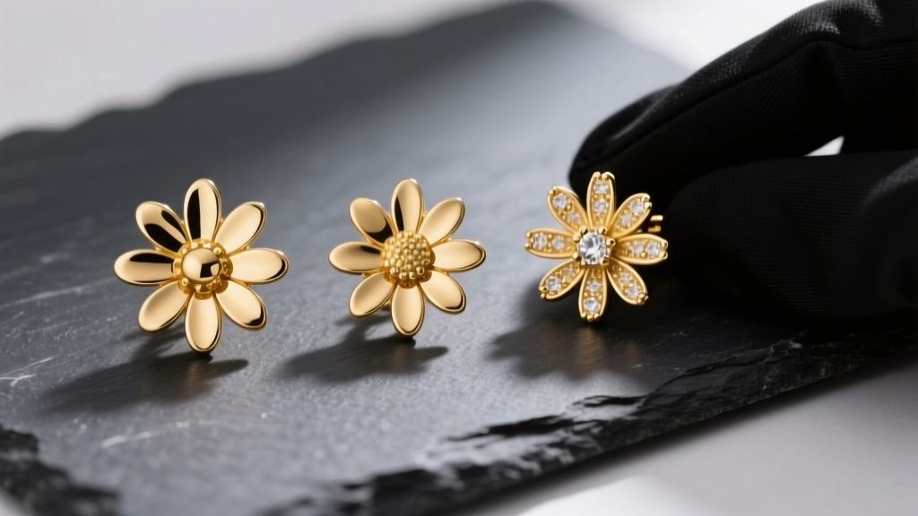 Flat lay of 14k, gold-filled, and gold-plated daisy earrings on dark slate, next to a jeweler's loupe and small budget price tags.