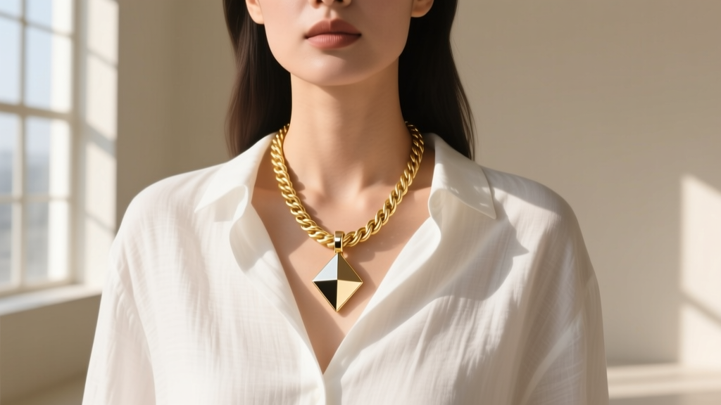 Woman wearing a 20-inch 14k gold rope chain with a geometric pendant over a white linen shirt in a bright, sunny studio space.