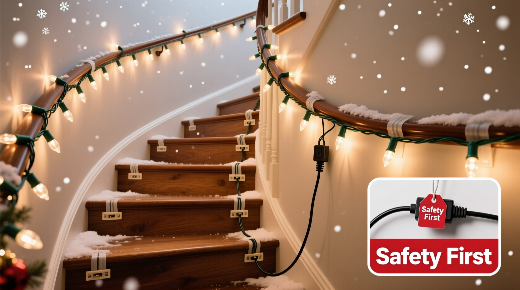 how to safely drape christmas lights over a staircase without hazards