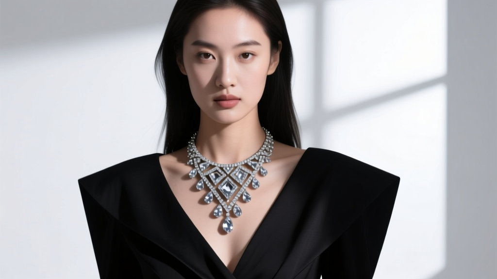 Editorial shot of a woman in a black asymmetric top wearing a cascading rhinestone bib necklace in high contrast studio lighting