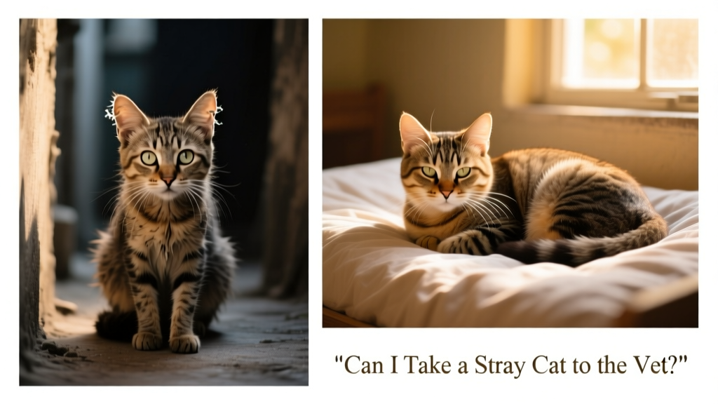 Side-by-side photos: one showing a thin, wary stray cat; the other showing the same cat weeks later—groomed, playful, and curled up in a cozy bed