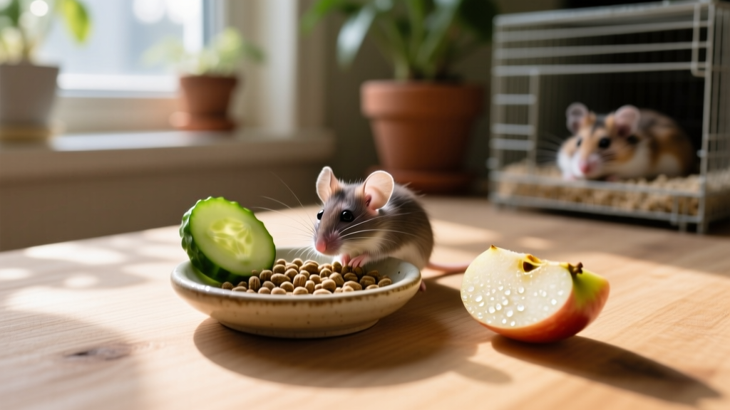 A clean feeding station with mouse pellets, a slice of cucumber, and a small piece of apple