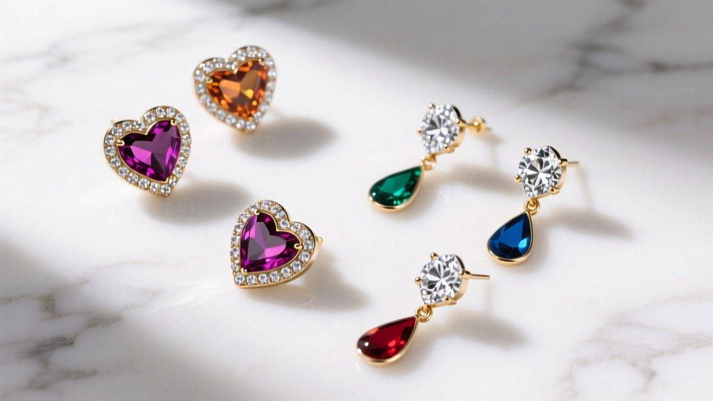 Overhead flat lay of Kate Spade heart earrings on white marble, featuring crystal pave studs and colorful enamel drop styles