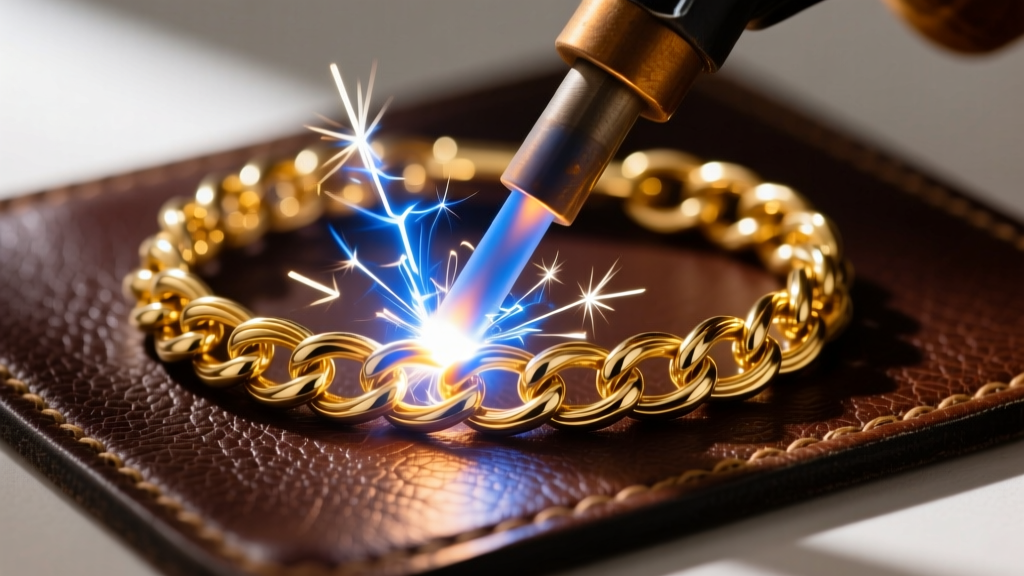Close-up of a pulse arc welder sparking on a 14k gold-filled cable chain bracelet, resting on a dark leather jeweler's bench.