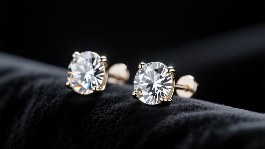 Round brilliant Intan diamond stud earrings in 18k white gold martini settings resting on dark velvet under soft studio lighting