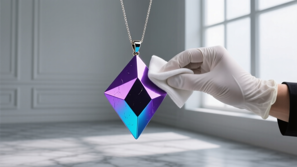 Vibrant purple and blue anodized titanium geometric pendant being gently wiped with a microfiber cloth by a gloved jeweler.