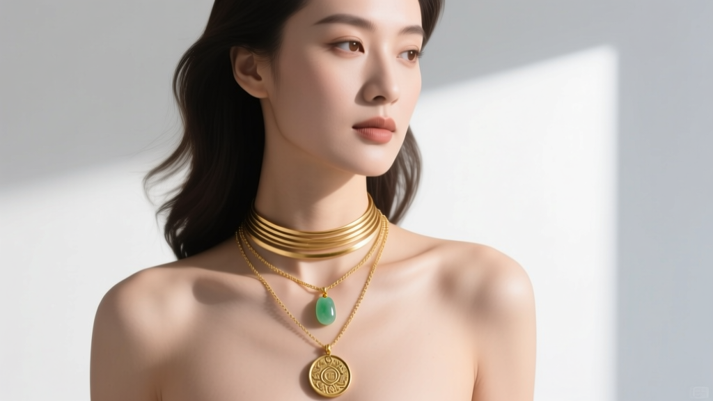 Woman wearing a layered necklace stack with a 14-inch gold choker, a 16-inch dainty jade pendant, and an 18-inch gold coin.