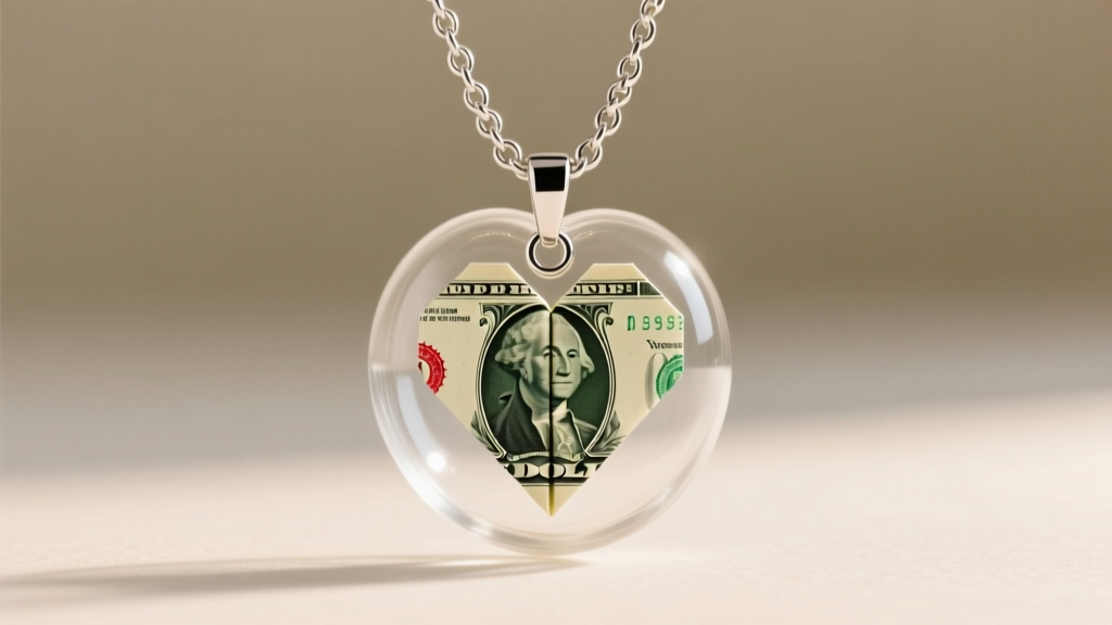 Origami dollar bill heart pendant encased in clear resin, hanging on a thick 4mm sterling silver Figaro chain in soft light.