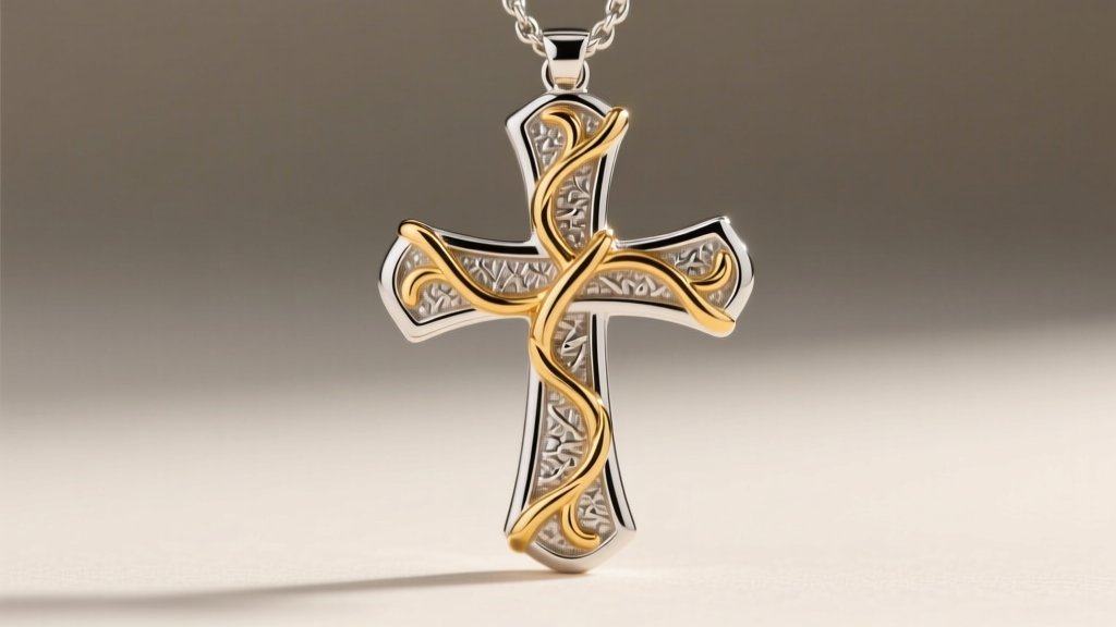 Close-up macro shot of a two-tone cross pendant featuring 24k gold electroplated vines over rhodium-plated sterling silver base