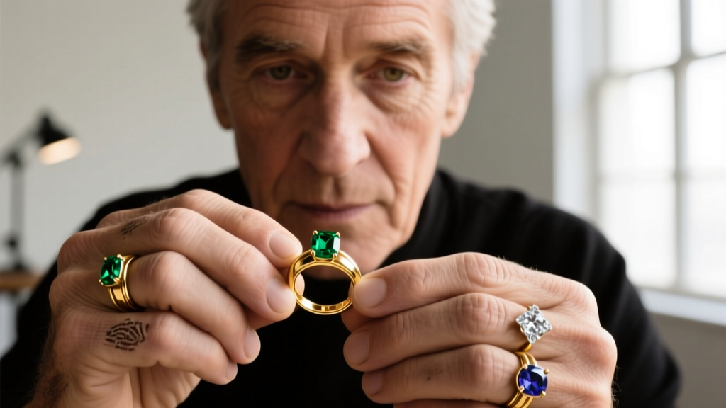 Close-up of a jeweler's loupe inspecting a cracked Art Deco emerald-cut glass stone set in tarnished sterling silver filigree.