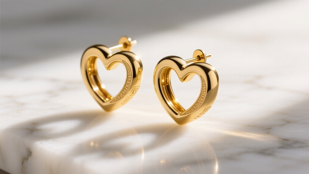 Close-up of 14k yellow gold heart shaped hoop earrings on white marble with soft morning sunlight casting gentle, warm shadows