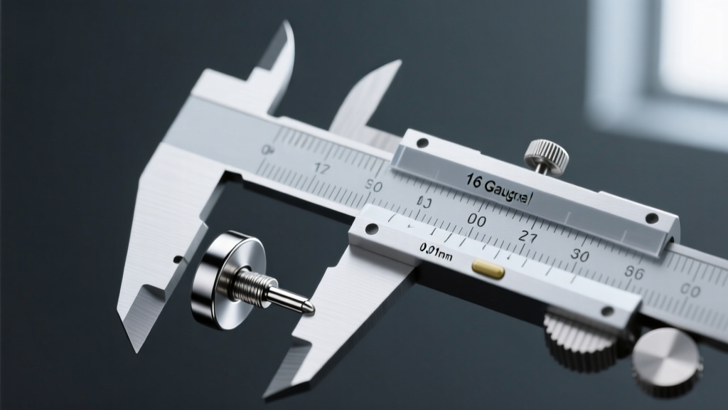 Digital caliper measuring the post of a 16-gauge implant-grade titanium labret earring against a dark slate background