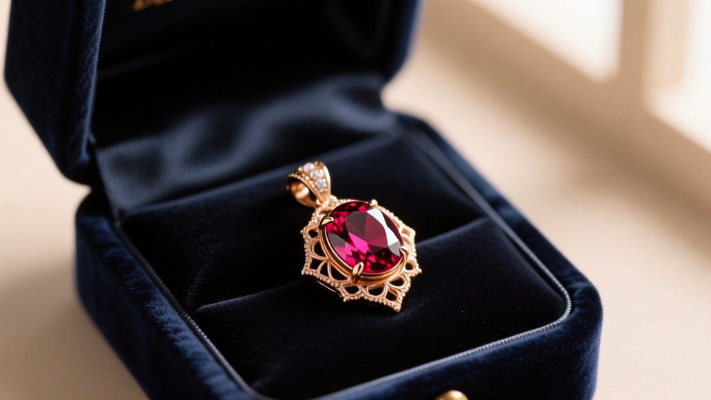 Open velvet box revealing a 14k rose gold pendant with a vivid 2-carat oval Mozambique ruby, resting on dark silk fabric.
