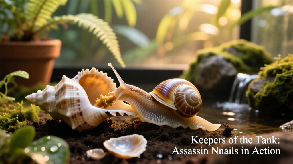 Close-up of an assassin snail using its proboscis to feed on a Malaysian trumpet snail shell