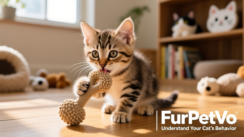 Kitten gently chewing on a FurPetVo textured teething toy
