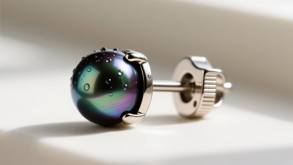 Close-up of an 18-gauge titanium earring post holding a 9mm dark Tahitian pearl, showing the secure friction back and thick nacre.
