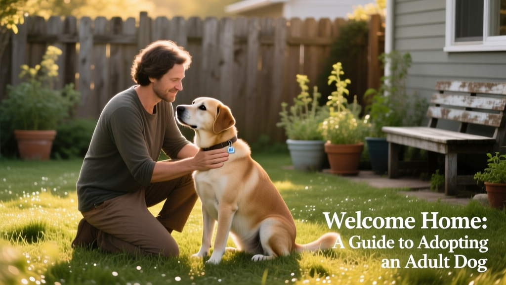 A person kneeling beside their calm, newly adopted adult dog in a quiet backyard