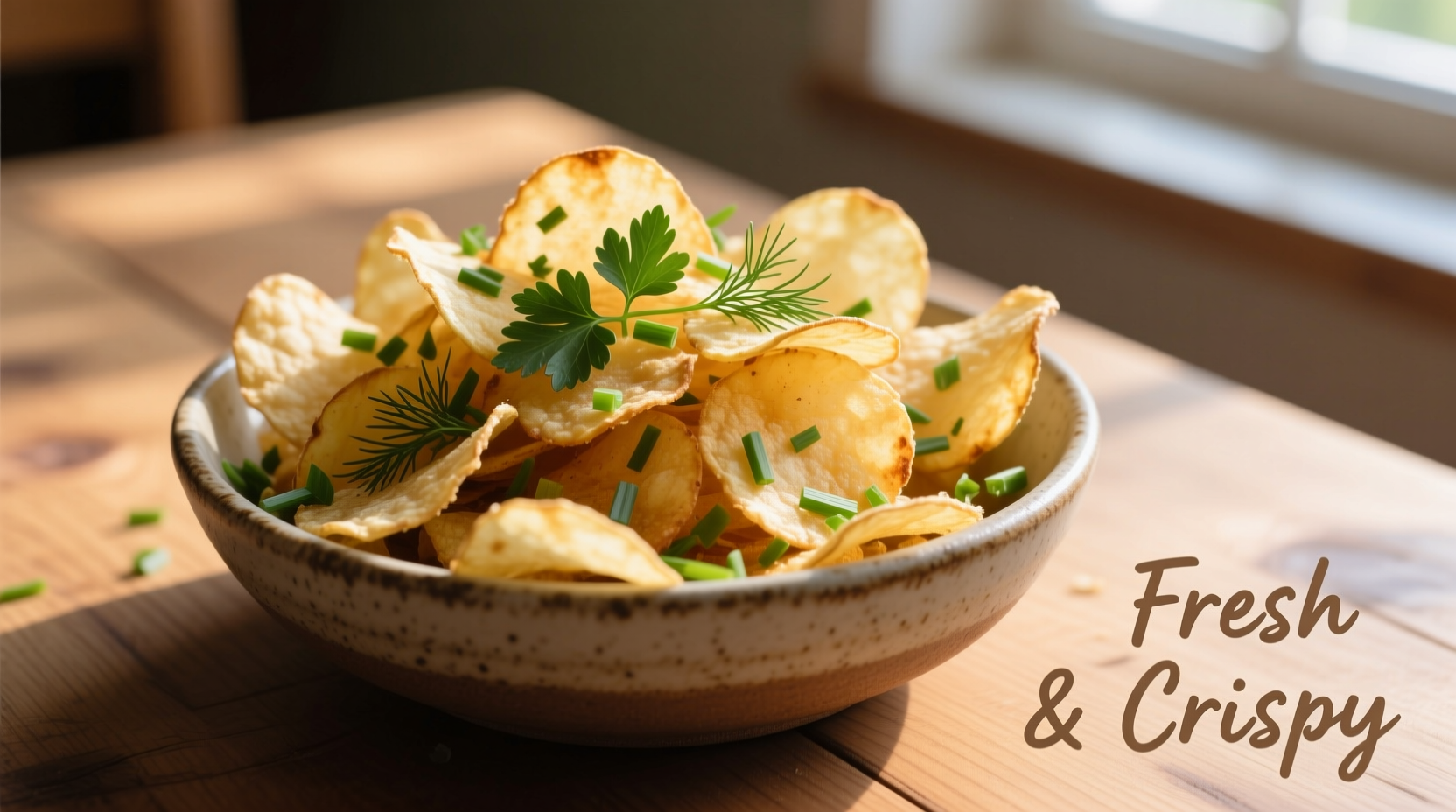 Homemade potato chips in bowl with fresh herbs