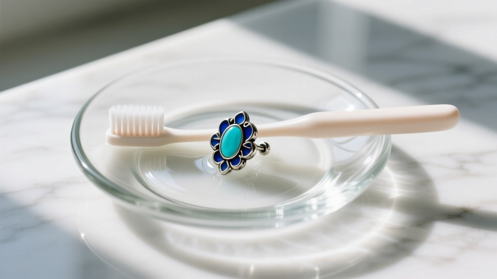Overhead view of a glass dish with mild soap, a soft baby toothbrush, and a tarnished silver earring featuring blue enamel accents.
