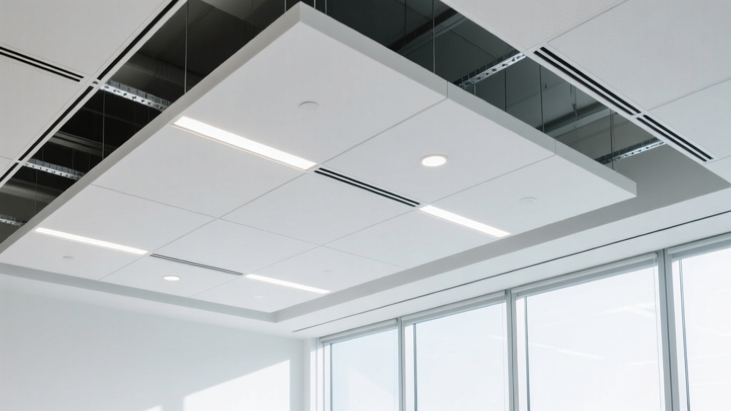 Suspended white gypsum board ceiling in a modern commercial office, showing recessed LED lighting and hidden metal furring grid lines