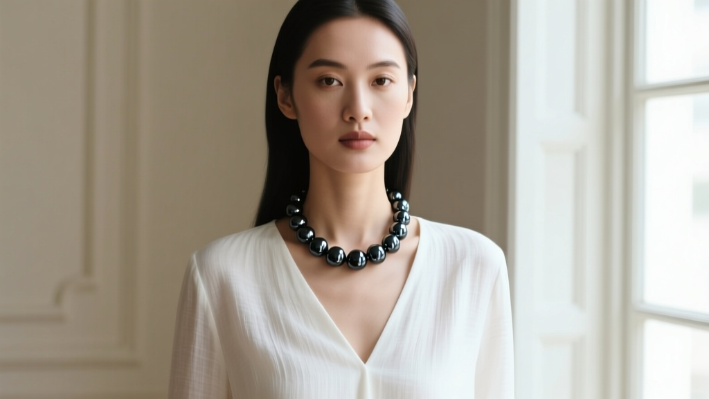 Woman wearing a dark hematite bead necklace over a crisp white V-neck linen blouse, highlighting the contrast and metallic sheen