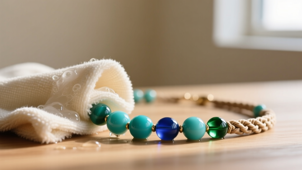 Close-up of a soapy microfiber cloth wiping a polished turquoise bead necklace strung on knotted silk thread under warm lighting.