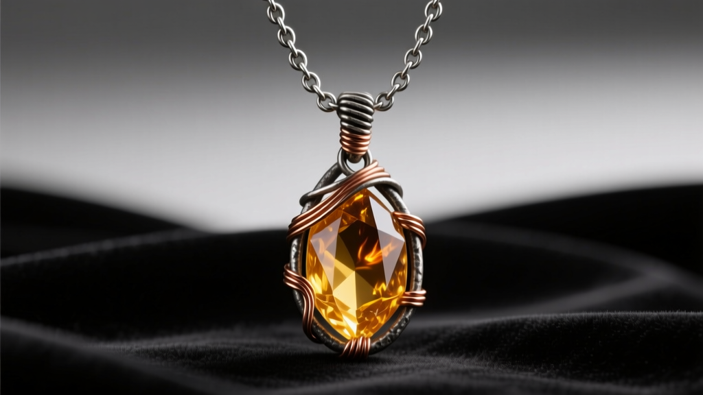 Wire-wrapped raw citrine pendant on an oxidized silver rolo chain, illuminated by soft directional studio lighting on dark velvet.