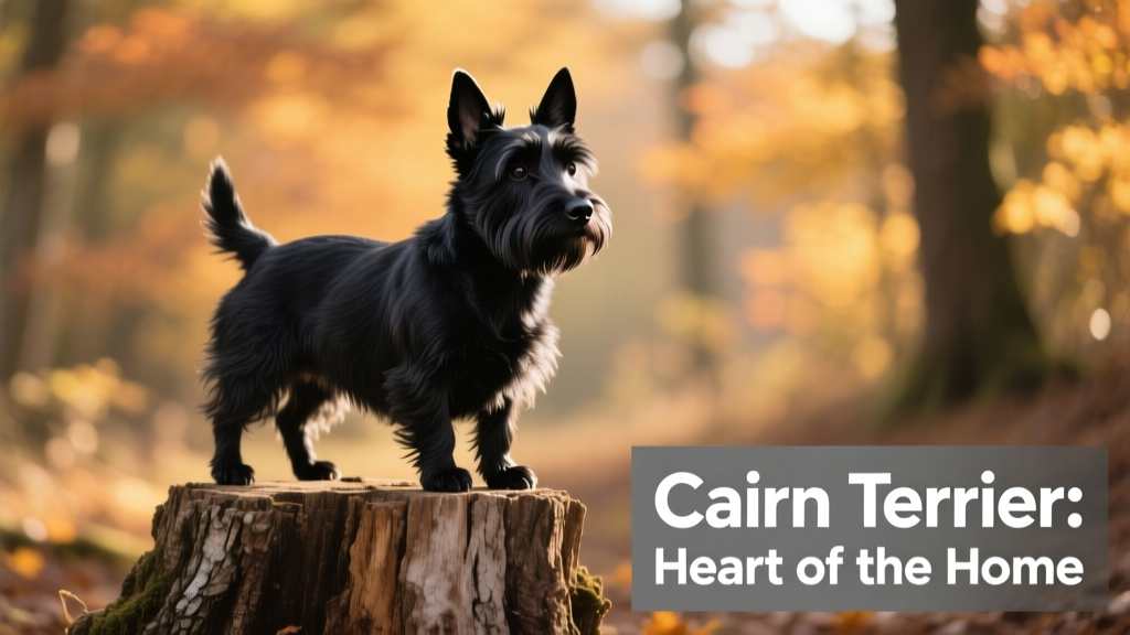 black cairn terrier standing on a tree stump